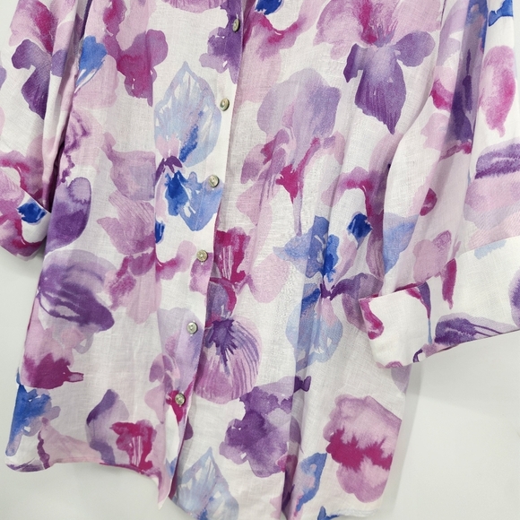 Chicos 2.5 Linen Button Front Shirt 3/4 Sleeve Womens Size 14 White Purple Blue - Picture 3 of 6